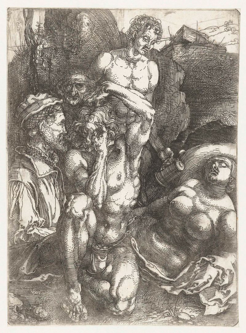 Gravura de Albrecht Dürer retratando um homem em desespero com linhas delicadas