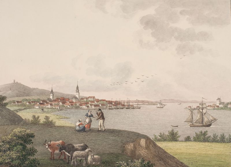 Aalborg de Søren L. Lange, paisaje con aguas tranquilas, pintura al óleo