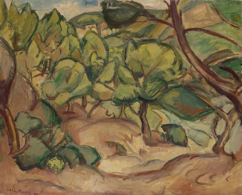Vibrant landscape of pine forest with sunlight filtering through, oil on canvas by Emile Othon Friesz.