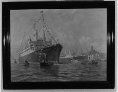 Pintura al óleo de Alexander Kircher mostrando el barco Kungsholm en el puerto de Gotemburgo.