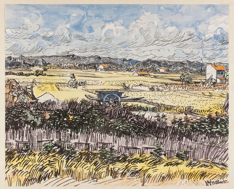 Harvest in Provence by Emil Rudolf Weiss, oil painting depicting golden fields under a cerulean sky.