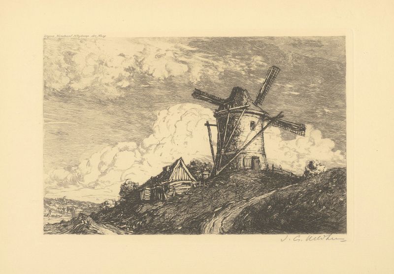 Landscape with a windmill on a hill by Jacobus Gerardus Veldheer, oil painting