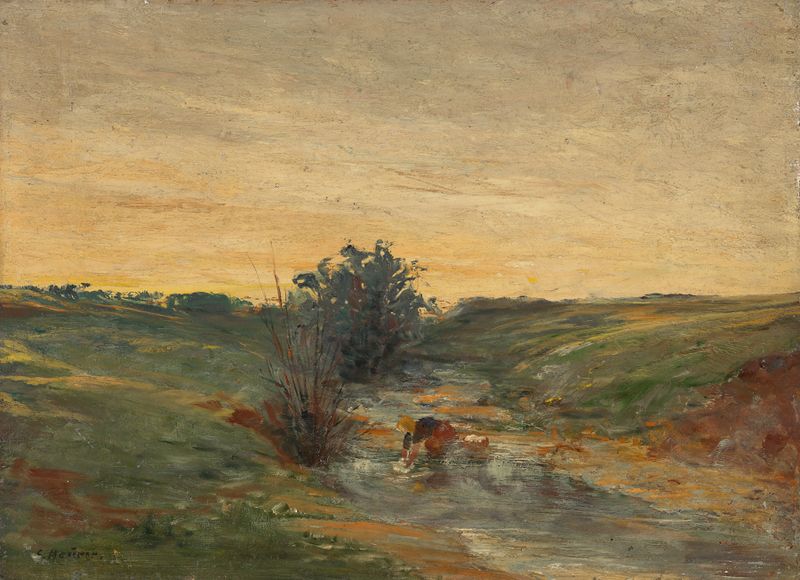 Wäscherin am Bach bei Sonnenuntergang de Serafin Maurer, pintura impressionista de uma figura à beira do rio ao pôr do sol