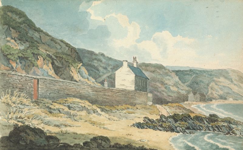 Houses on a rocky shoreline, oil painting by Thomas Bradshaw