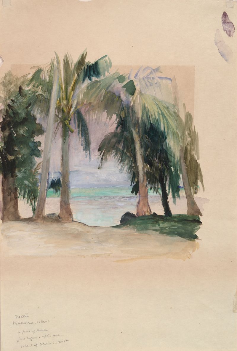 Cena marinha com palmeiras e ondas, pintura a óleo de John La Farge