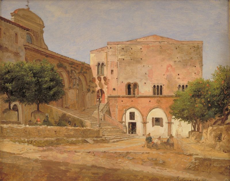 The Market Place in Priverno, oil on canvas by Jørgen Roed, depicting a market at dawn.