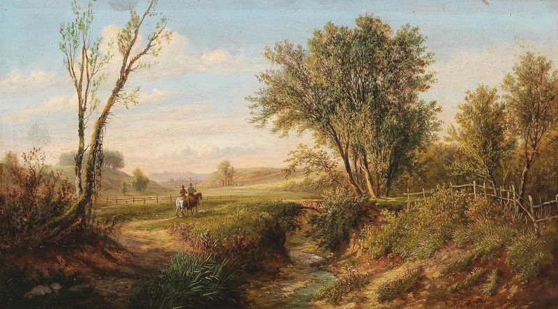 Riders in a vast landscape, oil on canvas by Marinus Adrianus Koekkoek