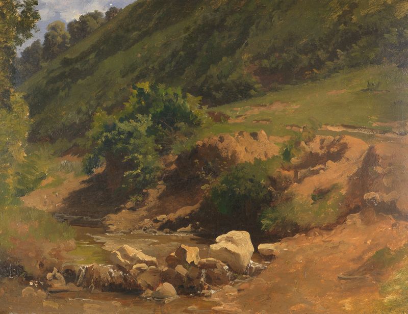 Paisagem com uma colina íngreme e um riacho, de Heinrich Dreber, 1843