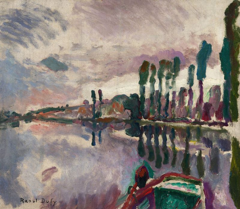 Pintura a óleo de paisagem de Raoul Dufy representando um rio e uma vila