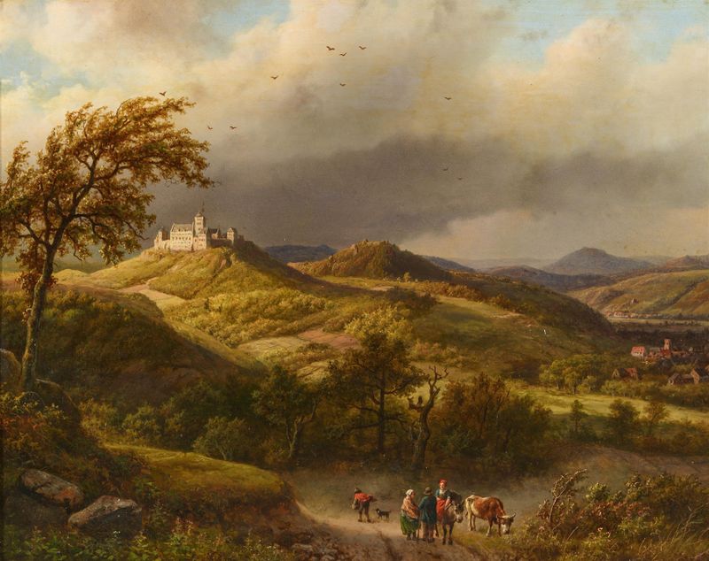 Die Wartburg bei Eisenach, oil on canvas by Barend Cornelis Koekkoek, depicts a fortress in morning light.