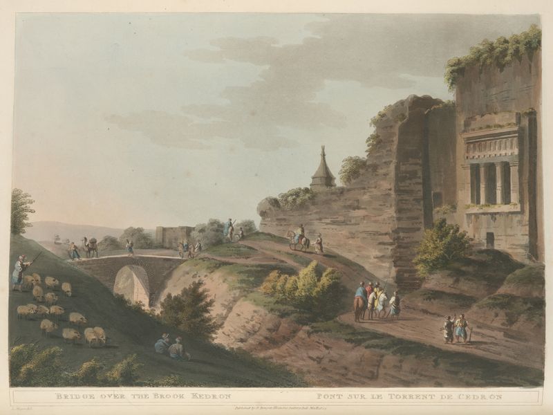 Paisaje con un puente sobre el arroyo Kedron de Luigi Mayer, pintura al óleo
