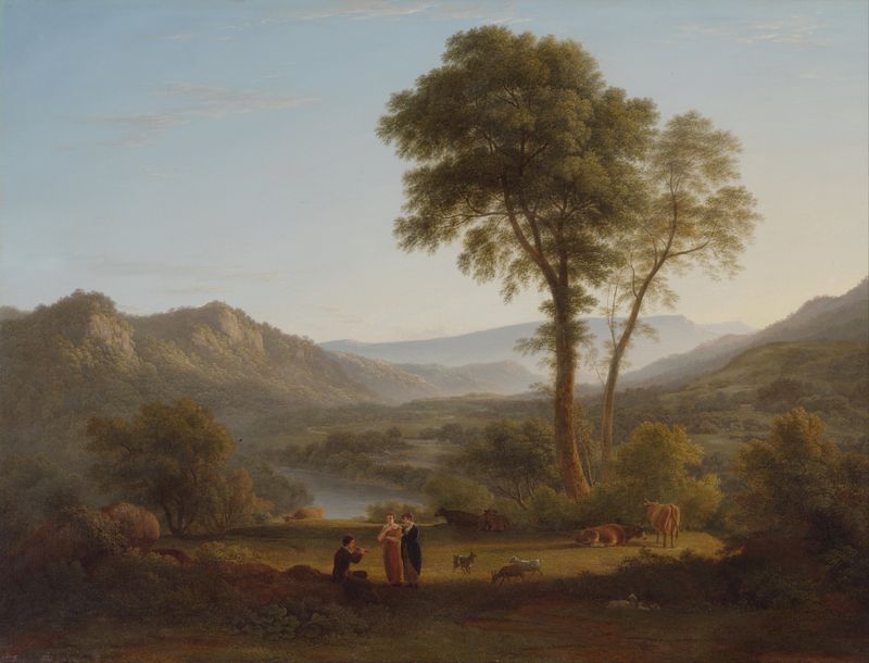 Landscape oil painting by John Glover depicting mist rising over gentle hills