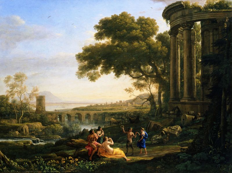 Landscape with Nymph and Satyr Dancing, óleo de Claude Lorrain