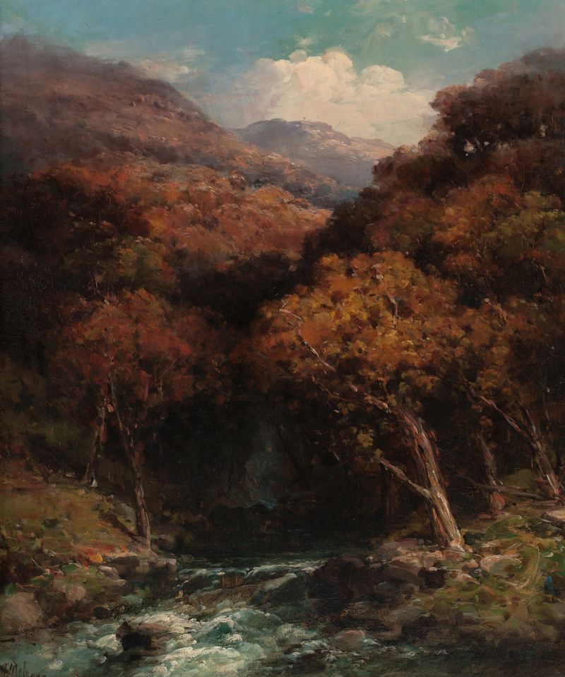 Forest Creek Bed by Andrew Melrose, oil on canvas depicting a serene creek in a forest.