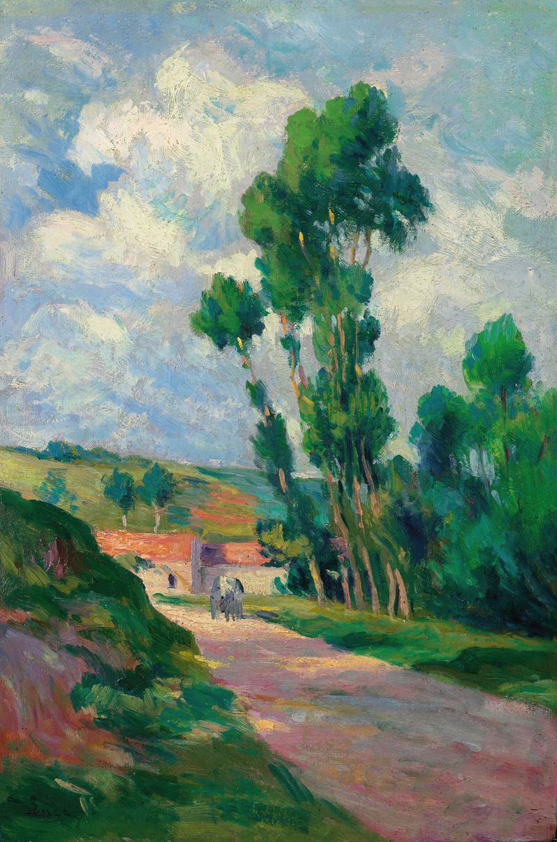 Paysage à Moulineux de Maximilien Luce, óleo sobre lienzo que representa colinas y vegetación vibrante.