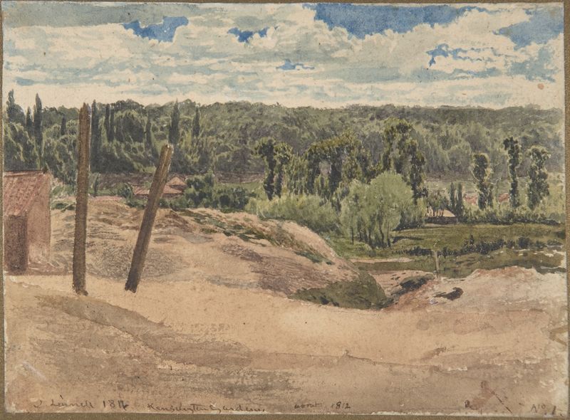 Paisagem dos Jardins de Kensington por John Linnell, retratando uma manhã nevoenta com uma figura solitária.