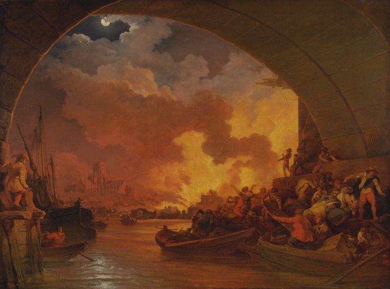The Great Fire of London, oil on canvas by Philip James de Loutherbourg, showing figures in flames.