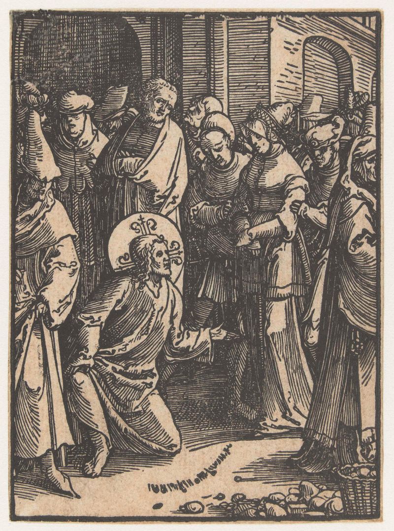 Christus en de overspelige vrouw, gravura de Lucas van Leyden, retratando Cristo e uma mulher em julgamento.