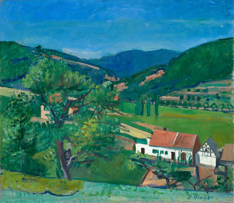 Landscape view of hills and a valley in oil on canvas by Karl Dillinger