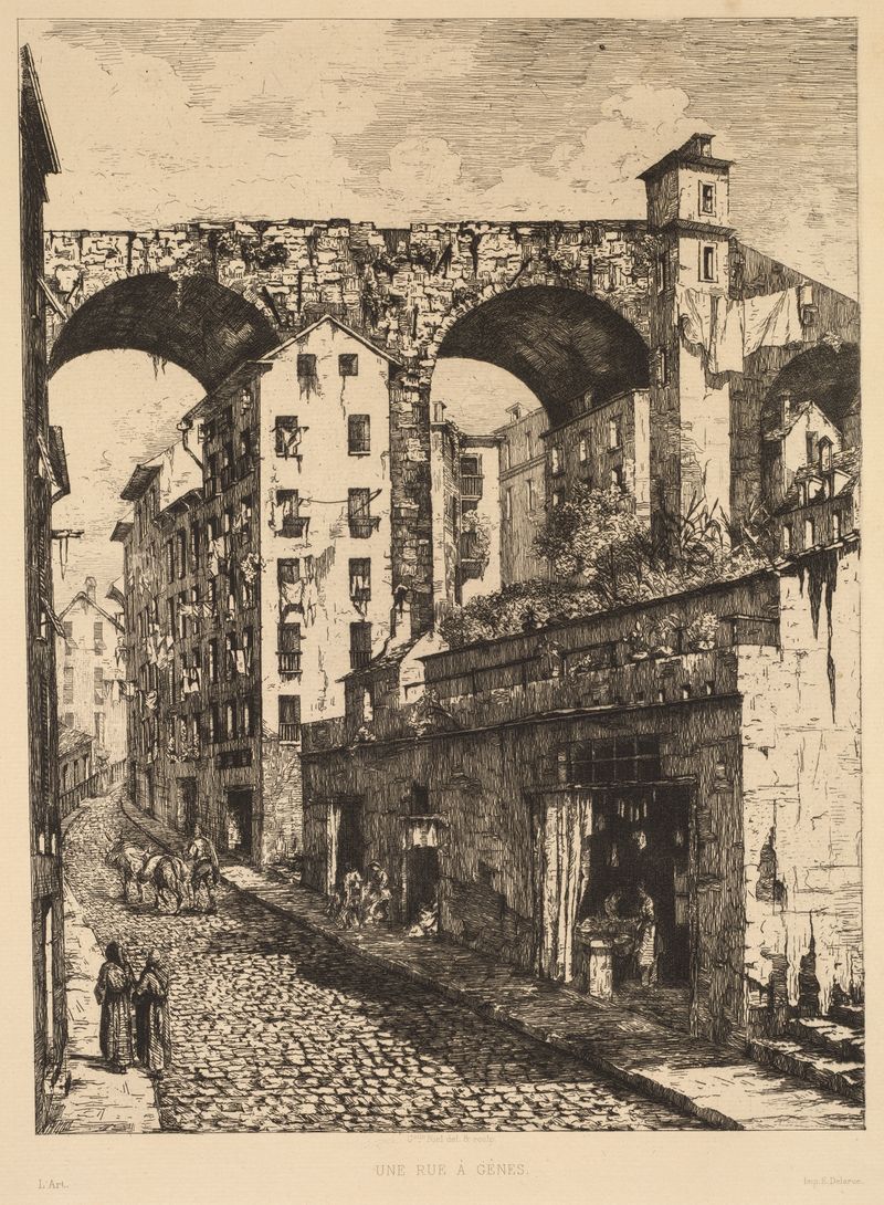 Una calle en Génova de Gabrielle-Marie Niel, óleo sobre lienzo mostrando luz del sol en fachadas de piedra.