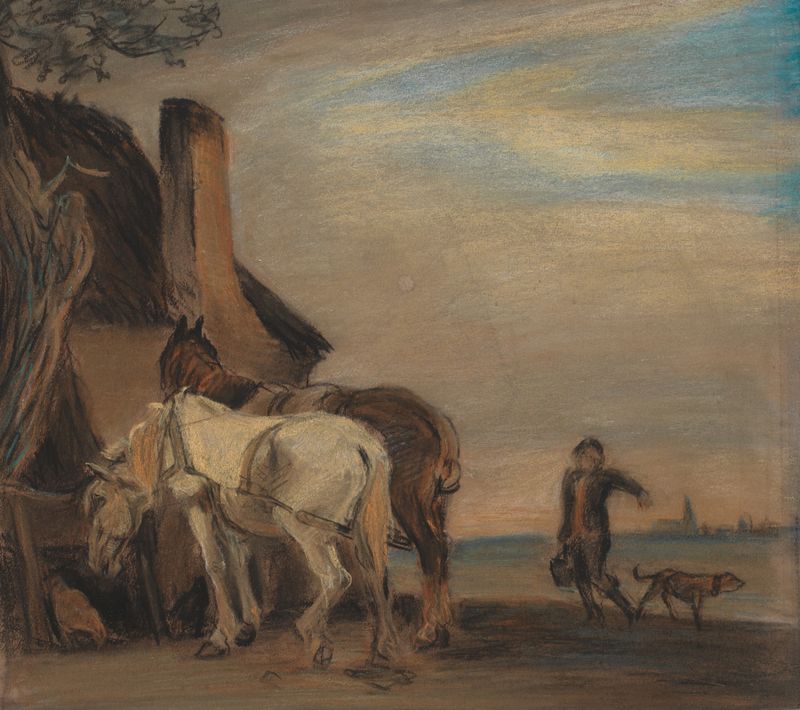 Pintura a óleo de Theodor Philipsen mostrando um homem com água para cavalos em uma paisagem.