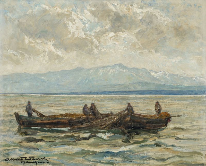 Expressionism artwork by Albert Wenk depicting a fisherman on Lake Constance