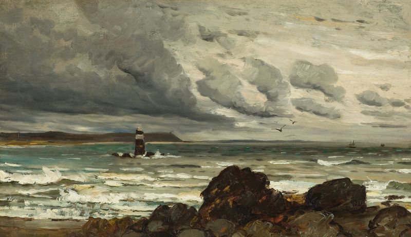 Seascape with Lighthouse de Harry Chase, mostrando un faro contra olas del océano turbulentas, pintura al óleo.