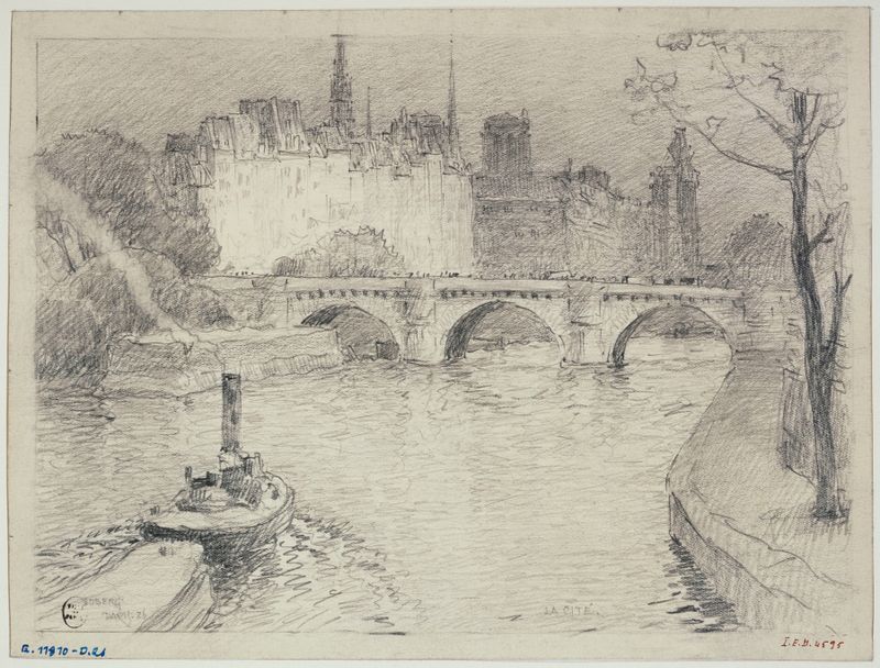 La Cité et le Pont-Neuf de Ferdinand Boberg, óleo sobre lienzo que muestra los arcos del Pont-Neuf sobre un río.