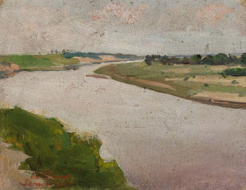 Boceto de paisaje de Zygmunt Dworzaczek, con colinas suaves y nubes.