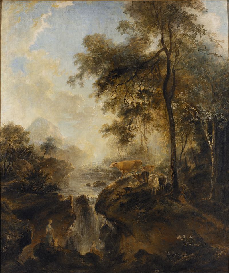 Landscape with a waterfall and cattle, oil on canvas by Elias Martin