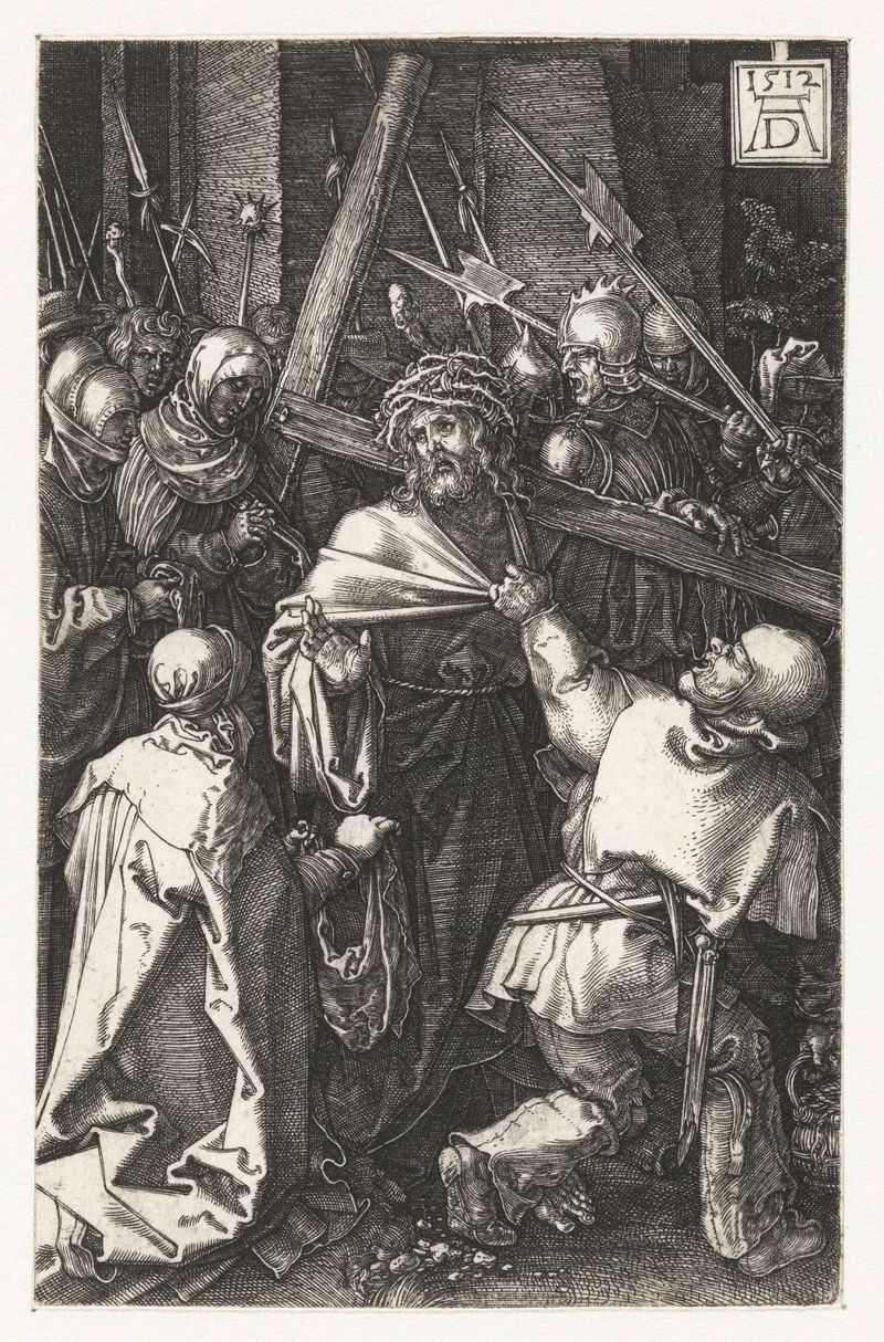 Gravura de Albrecht Dürer retratando uma figura carregando uma cruz com luz e sombra intrincadas