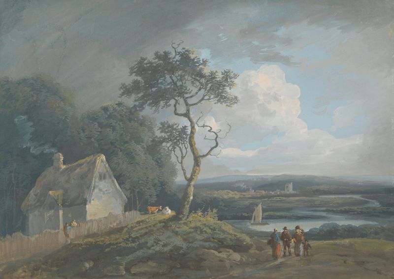 Watercolour by John Laporte depicting a river scene with figures near a cottage.