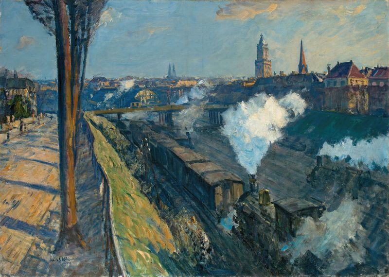 Expressionist oil painting by Ulrich Hübner depicting a vibrant landscape with railway and dynamic colors