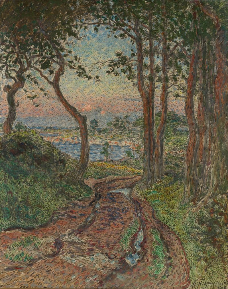 Paisaje con un camino sinuoso a través de un campo dorado de Nils Kreuger, pintura al óleo