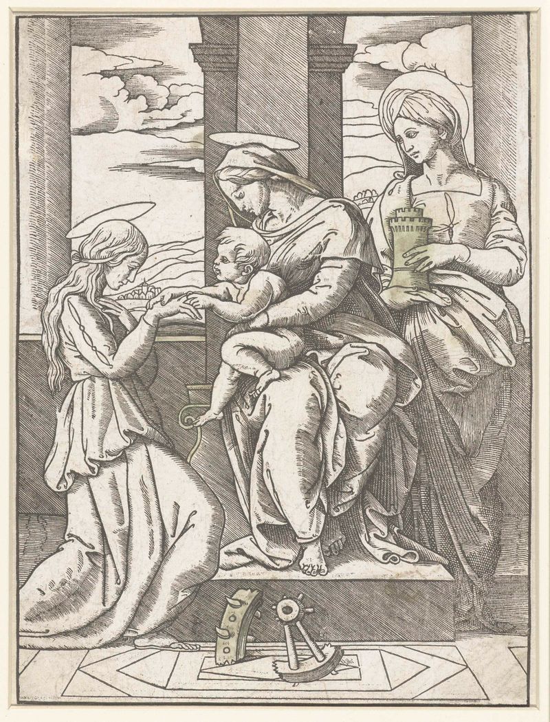 Cena religiosa com Maria em um trono, flanqueada por santos, artista desconhecido, pintura a óleo