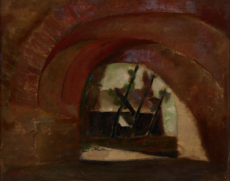 Pintura de paisagem a óleo de Zygmunt Król com uma ponte e uma igreja