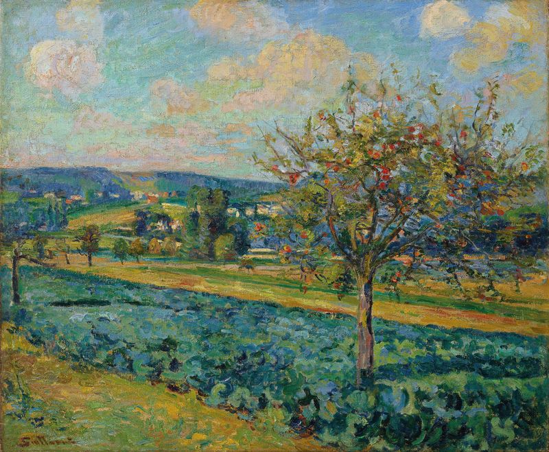 Damiette, óleo sobre tela de Armand Guillaumin, retrata uma paisagem tranquila com um céu luminoso.