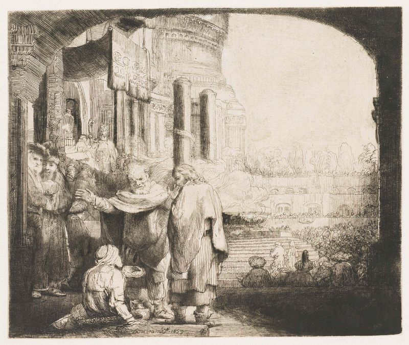 Grabado de Rembrandt van Rijn que muestra la sanación en la puerta del templo