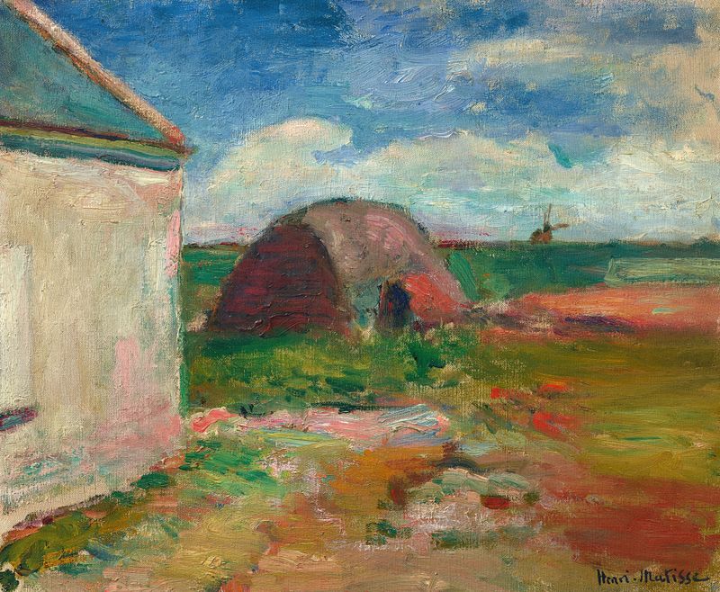 Paysage de Bretagne de Henri Matisse, óleo sobre tela que retrata uma paisagem colorida com um céu vibrante.