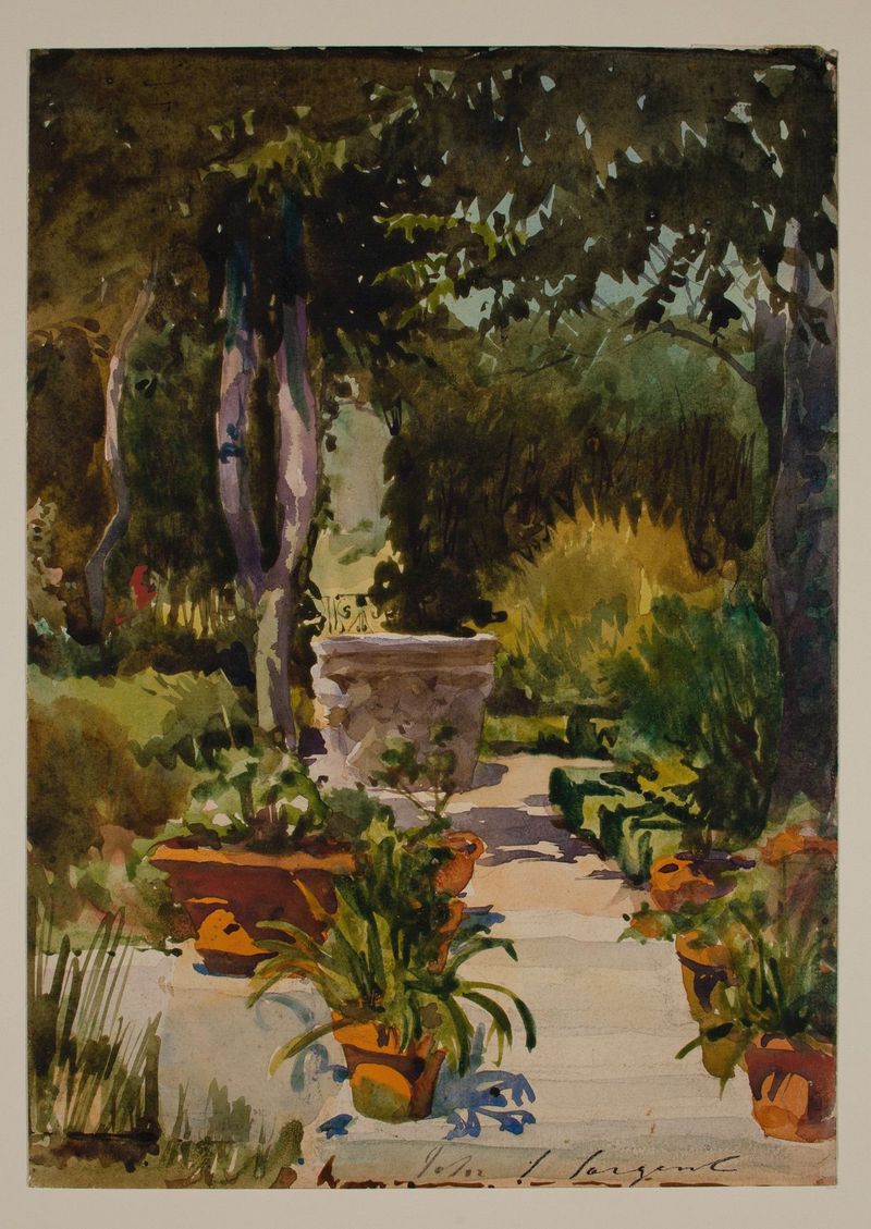 Oil painting by John Singer Sargent depicting a woman in a garden surrounded by vibrant flowers.