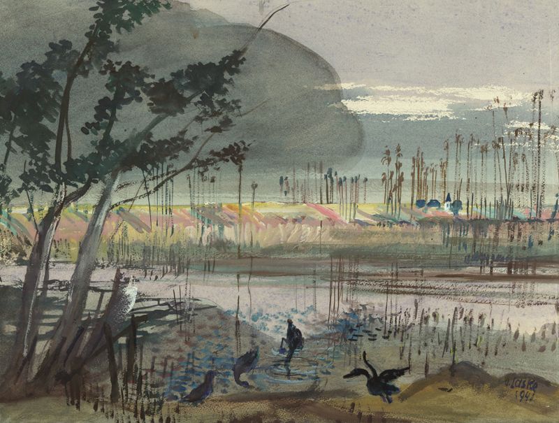 Pintura al óleo impresionista de Oskar Laske que representa reflejos tranquilos en un lago