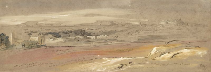 Paisagem de Rabbato, Gozo, Malta de Edward Lear, pintura a óleo que retrata colinas e uma aldeia pitoresca.