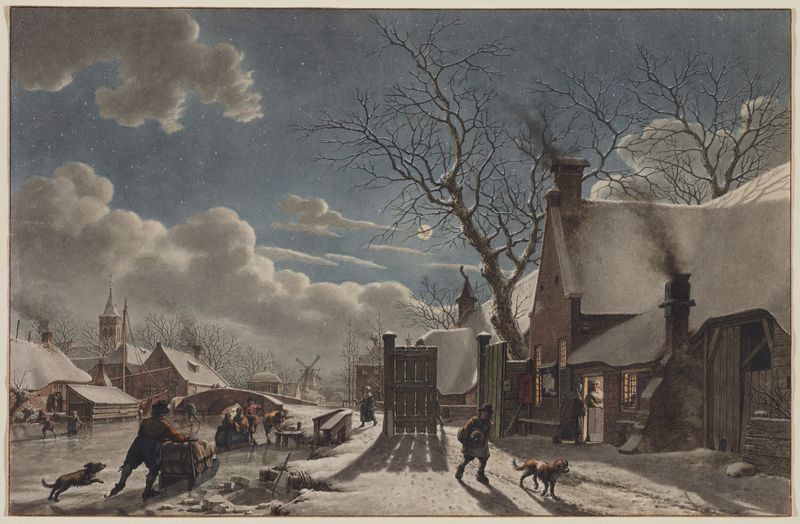 Winter Night in a Dutch Town by Jacob Cats, oil on canvas depicting a snowy village at twilight.