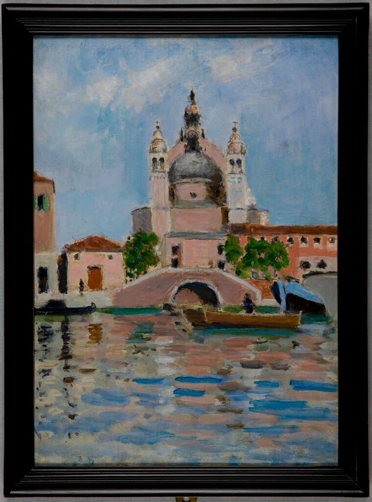 Paisaje de Venecia por Denman Waldo Ross, óleo sobre lienzo, con canales y reflejos.