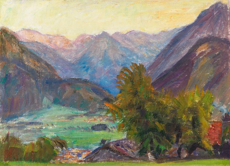 Pintura a óleo de Otto Modersohn representando uma paisagem tranquila com colinas e montanhas.