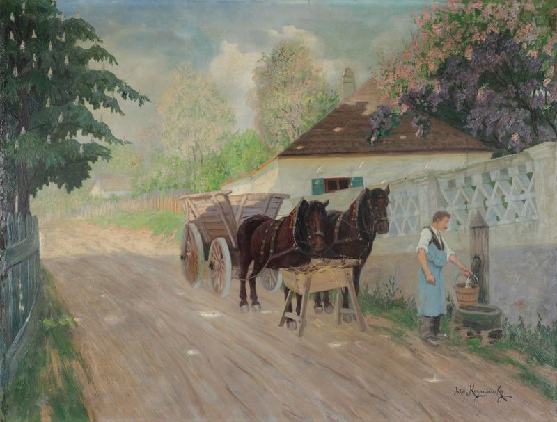 Genre scene depicting horses and a carriage by Jakob Koganowsky, unknown medium