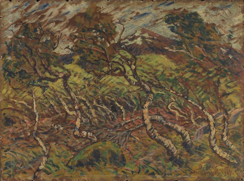 Dwarf Birch in Storm by Edvard Diriks, oil on canvas depicting a birch tree in a stormy landscape