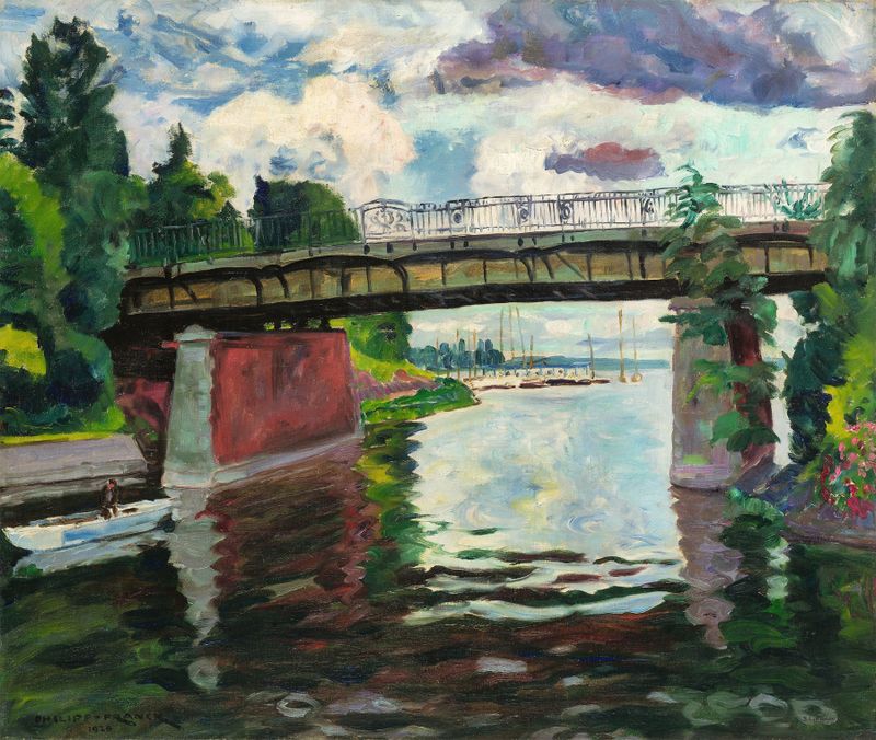 Die Wannseebrücke de Philipp Franck, óleo sobre tela retratando uma ponte sobre a água e natureza exuberante.