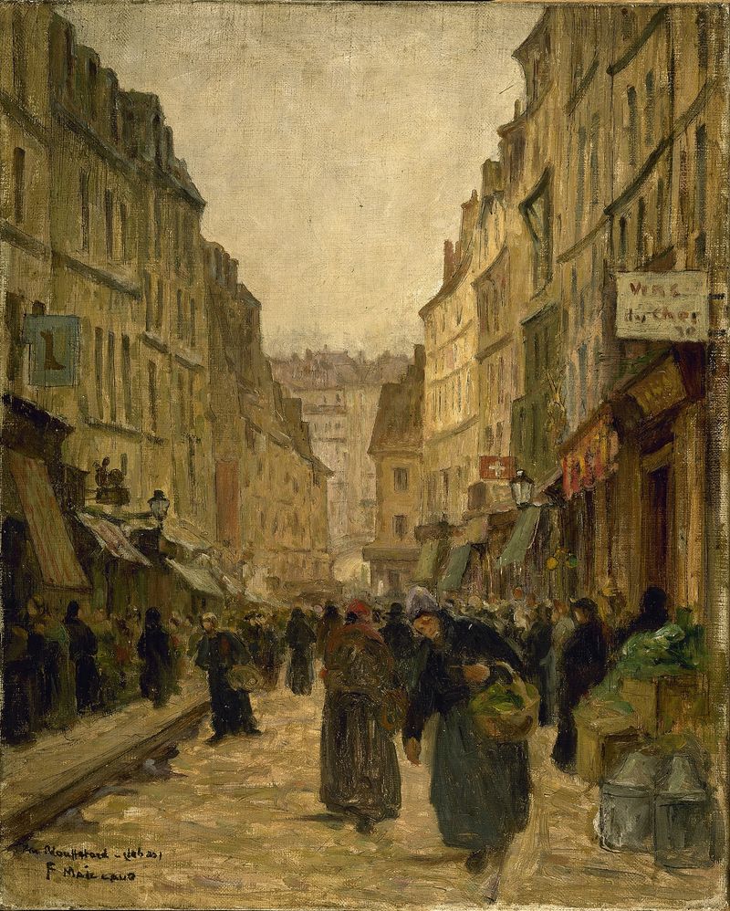 La rue Mouffetard de Fernand Maillaud, representando una escena de calle bulliciosa en pintura al óleo.