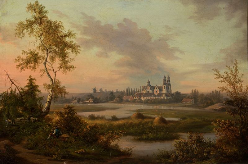Church and monastery in Ląd by Feliks Brzozowski, oil painting